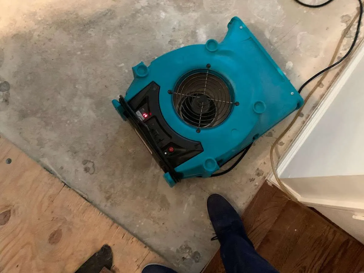 Air mover drying subfloor during Commercial Water Damage Restoration in Edgewater